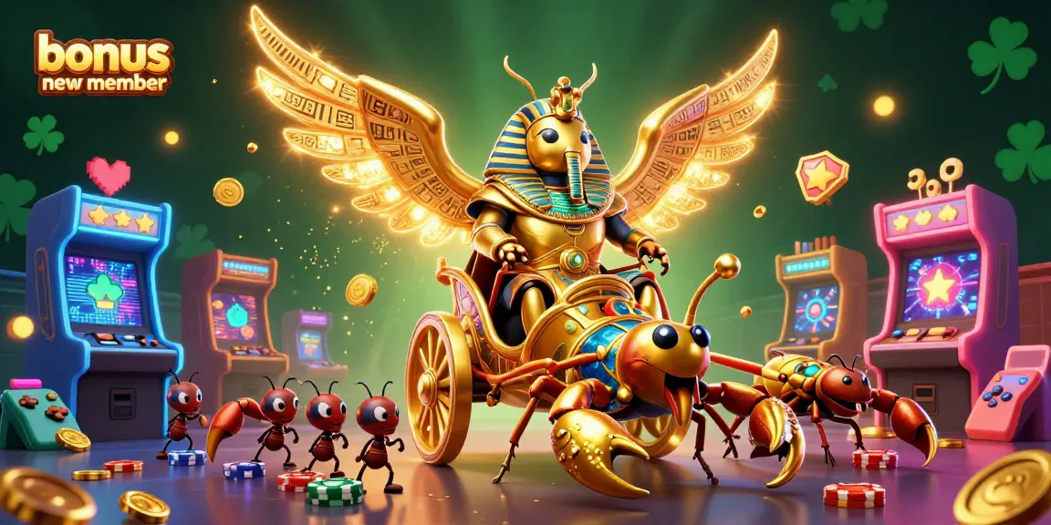 Engaging bonus new member illustration with golden scarab and gaming elements celebrating online slots.