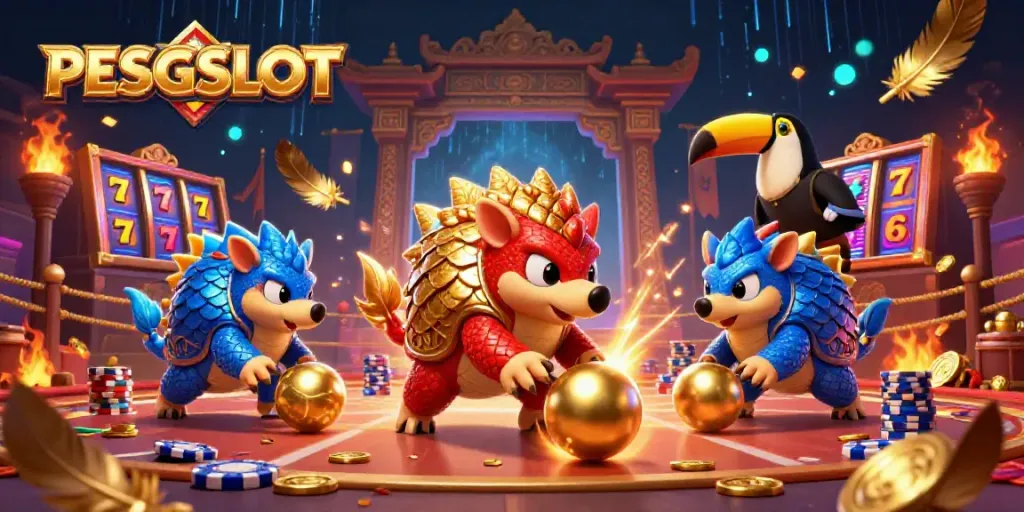 Permainan slot PESGSLOT dengan pangolin bertarung dan tumpukan chip poker yang berwarna-warni.