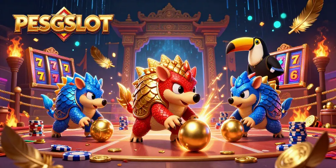 Permainan slot PESGSLOT dengan pangolin bertarung dan tumpukan chip poker yang berwarna-warni.