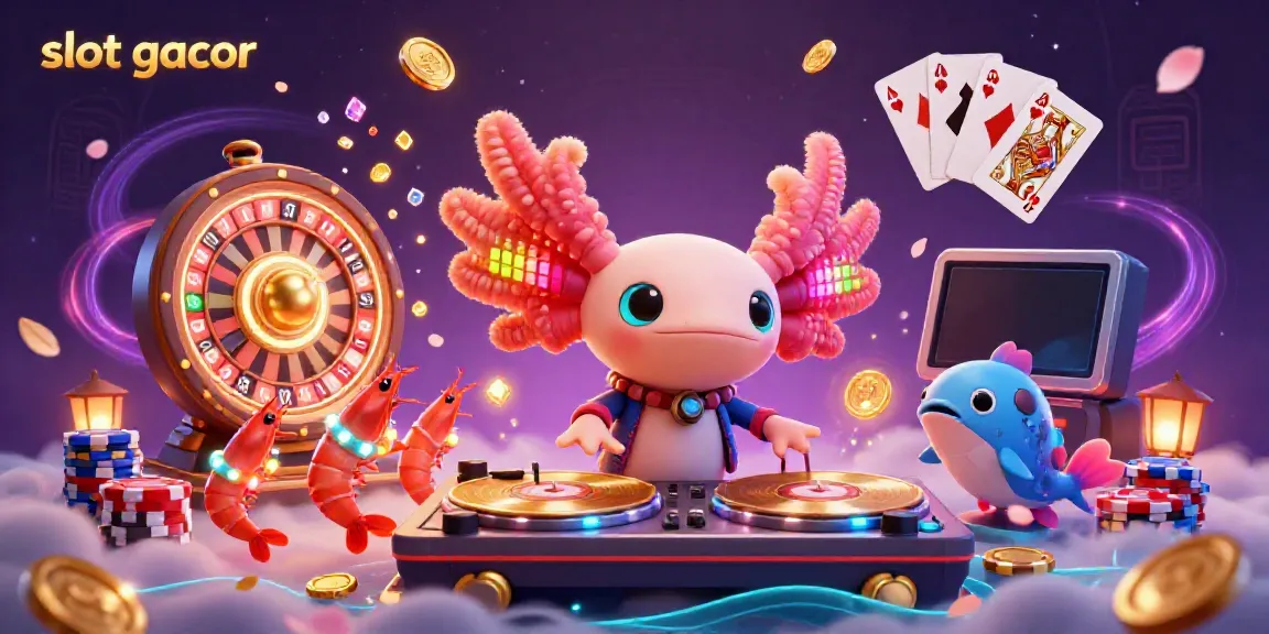 Visualisasi dinamis slot gacor di platform hiburan online dengan DJ axolotl ceria dan elemen permainan.