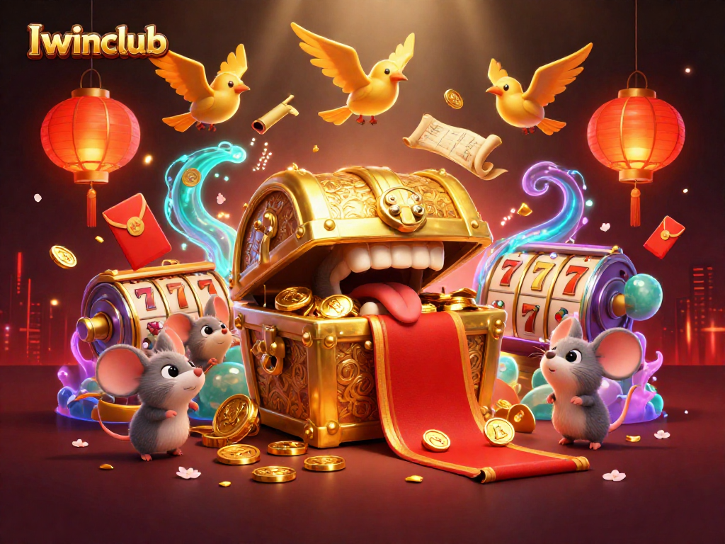 Iwinclub offers dynamic slot games surrounded by golden treasures and vibrant decorations.