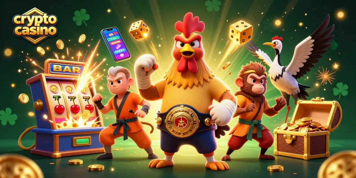 Engage with the vibrant world of crypto casino featuring a Muay Thai rooster, Shaolin monkey, and crane master.
