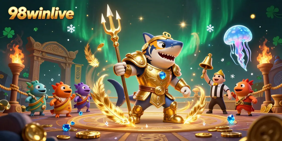 Experience thrilling gameplay at 98winlive with an underwater casino battle featuring a tiger shark in gladiator armor.