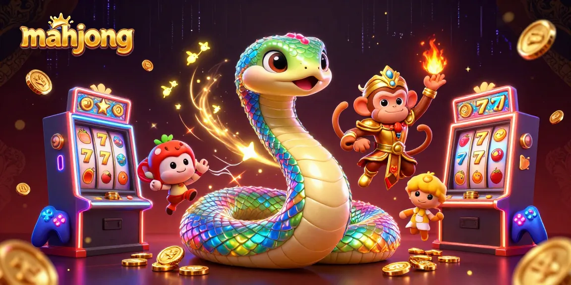 Win big with mahjong-themed casino illustration featuring colorful slot machines and characters.
