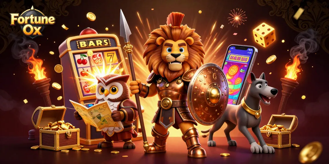 Spin the reels with Fortune Ox as a bronze Spartan lion and friends amidst a jackpot explosion.