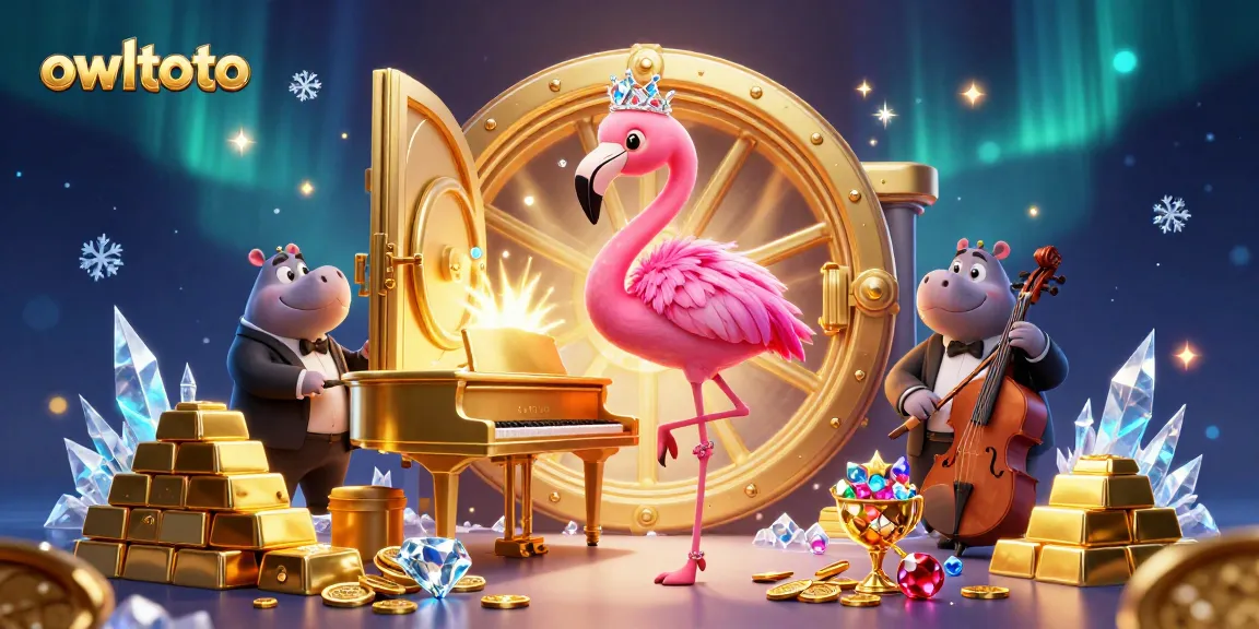 Experience the excitement of owltoto with a vibrant 3D casino scene featuring lively characters and sparkling treasures.