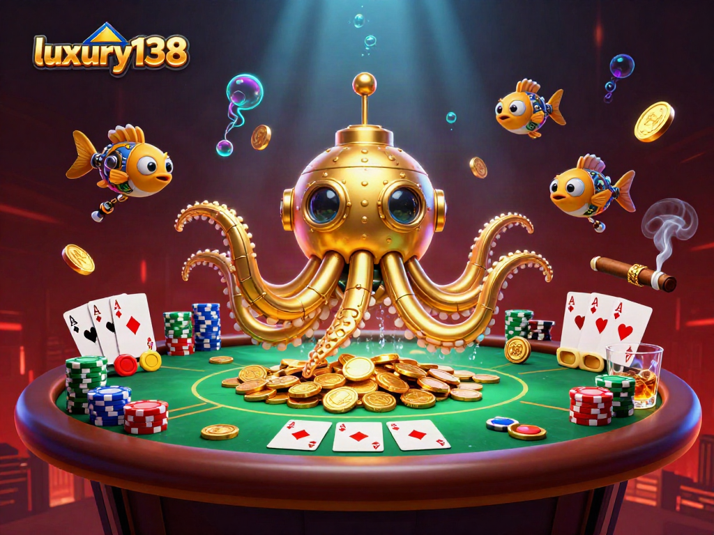 Visualisasi permainan di luxury138 dengan kraken emas, tumpukan chip poker, dan suasana kasino yang kaya.
