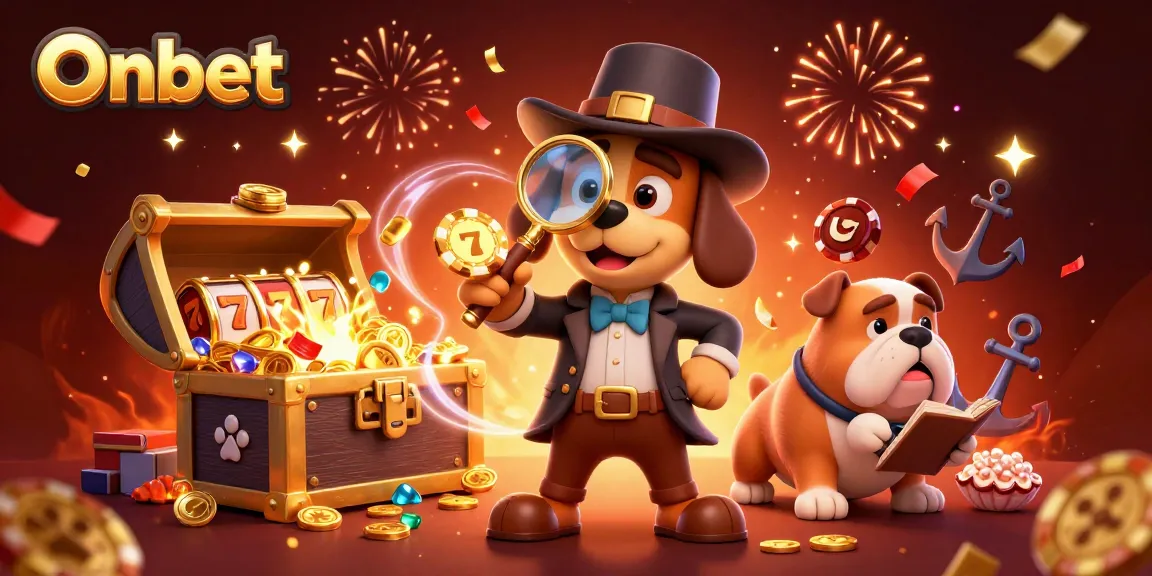 Discover Onbet's exciting gaming world with detectives and treasures in this vibrant illustration.