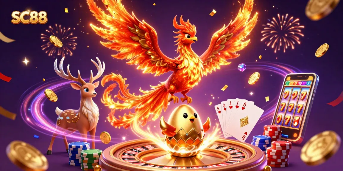 Experience thrilling SC88 casino wins with a vibrant 3D illustration featuring majestic fantasy elements.