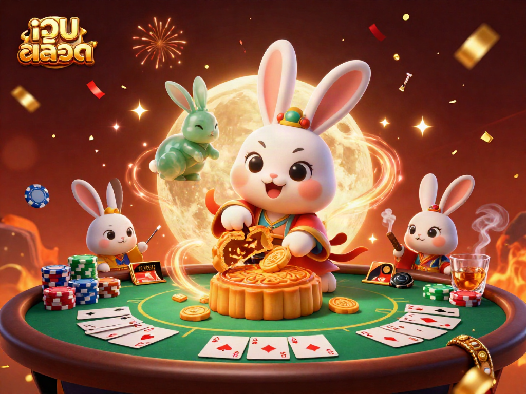 Experience the excitement of เว็บสล็อต with a moon rabbit and poker chips in a rich, dynamic 3D scene.