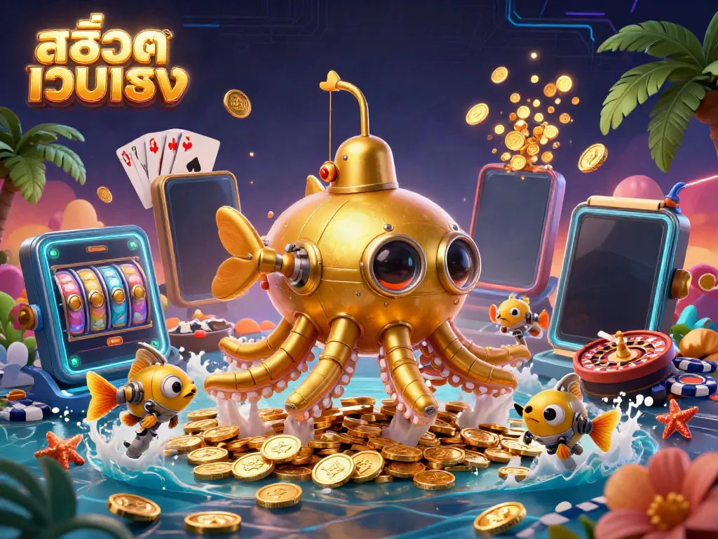 Engage with the vibrant world of สล็อตเว็บตรง featuring a cartoon kraken submarine and slot game action.