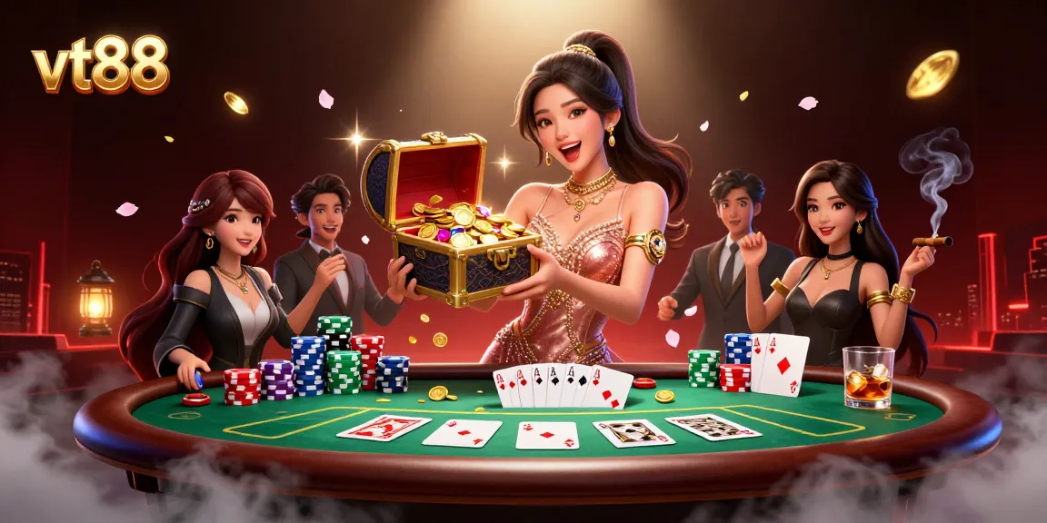 Experience the excitement of vt88 casino with a glamorous treasure chest overflowing with winnings and a vibrant poker scene.