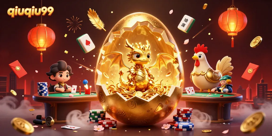 Experience the excitement of qiuqiu99 with vibrant poker elements, golden dragon, and colorful decorations.