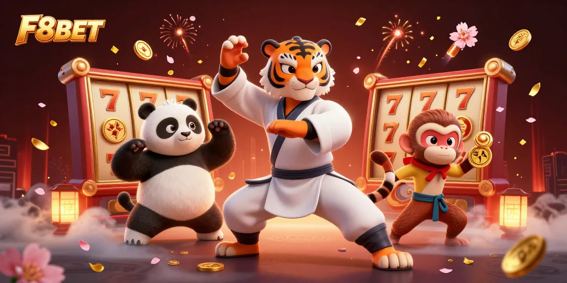 Engage with F8BET as a kung fu tiger master showcases gaming skills amid vibrant casino elements and cherry blossoms.