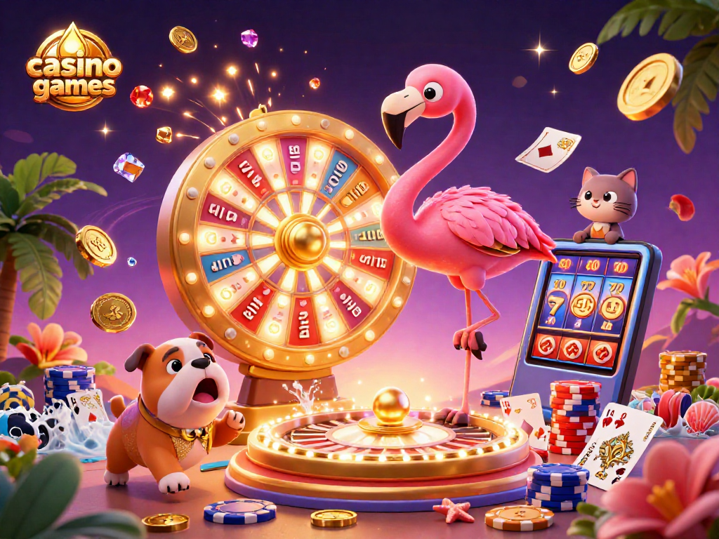 Engage with thrilling casino games in this vibrant 3D illustration featuring lively characters and dynamic elements.