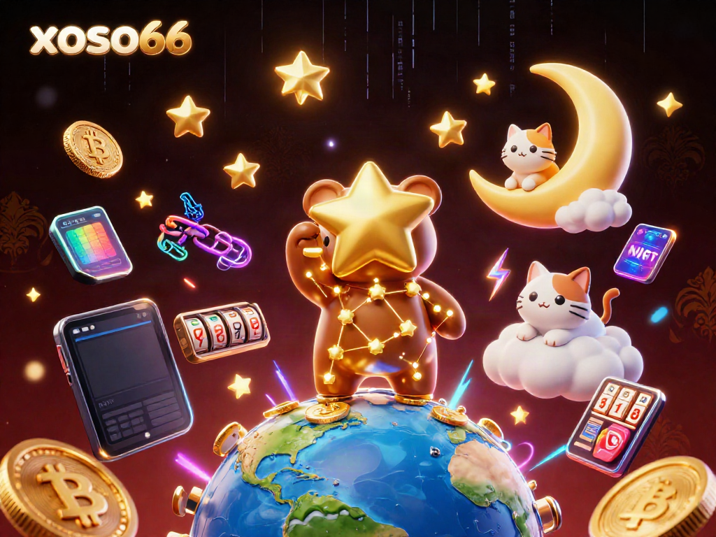 Experience thrilling xoso66 gaming adventures with 3D cartoon constellation bear and cosmic elements.