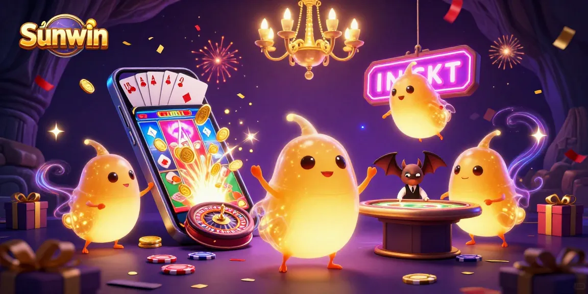 Experience Sunwin's vibrant casino atmosphere with glowing characters, vibrant games, and festive energy.