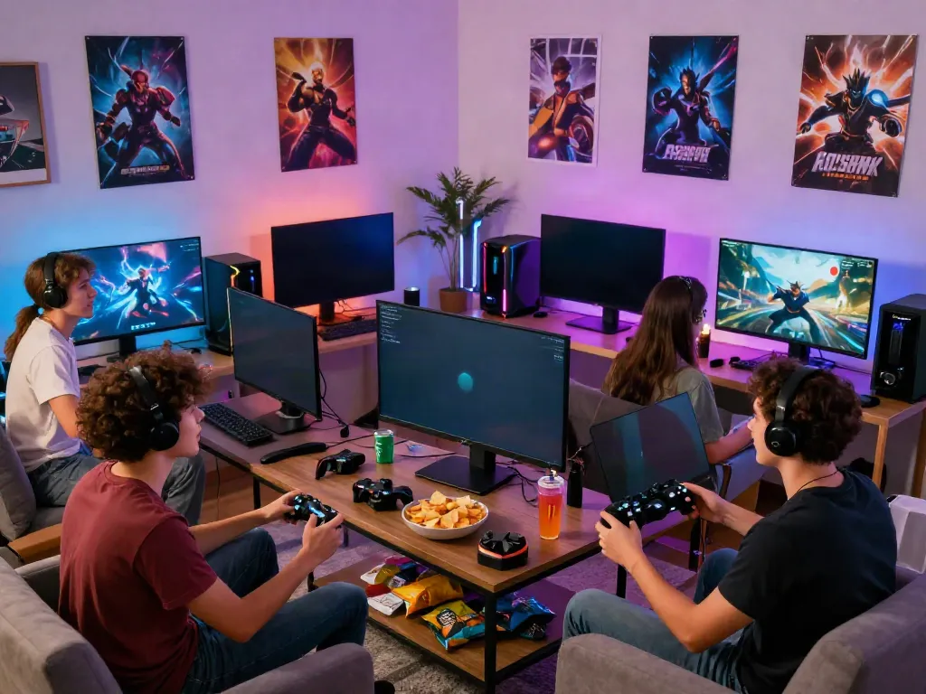 A vibrant online gaming scene with friends enjoying akunjp gaming session.