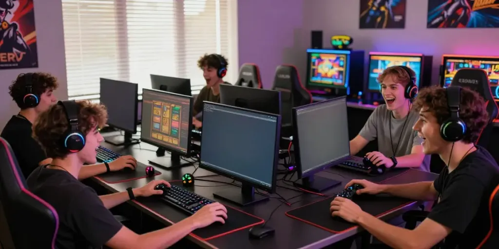 Akunjp gaming setup with players enjoying vibrant slot games in a lively atmosphere.