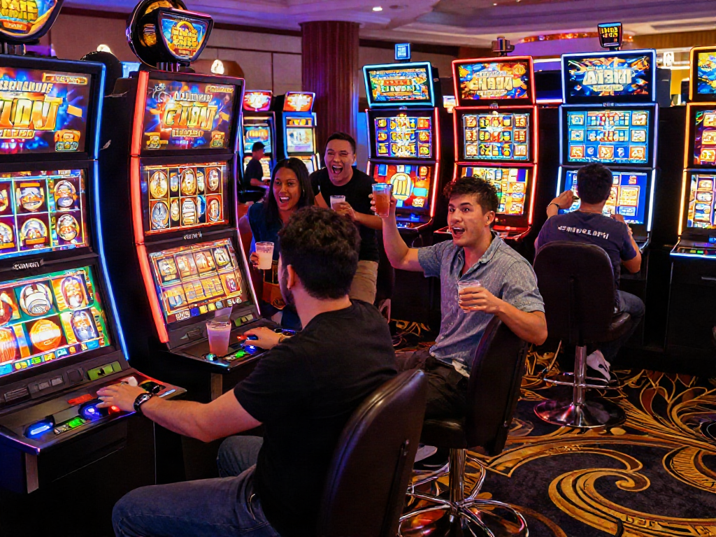 Excited players celebrating their slot gacor 4d jackpot win amidst lively casino atmosphere.