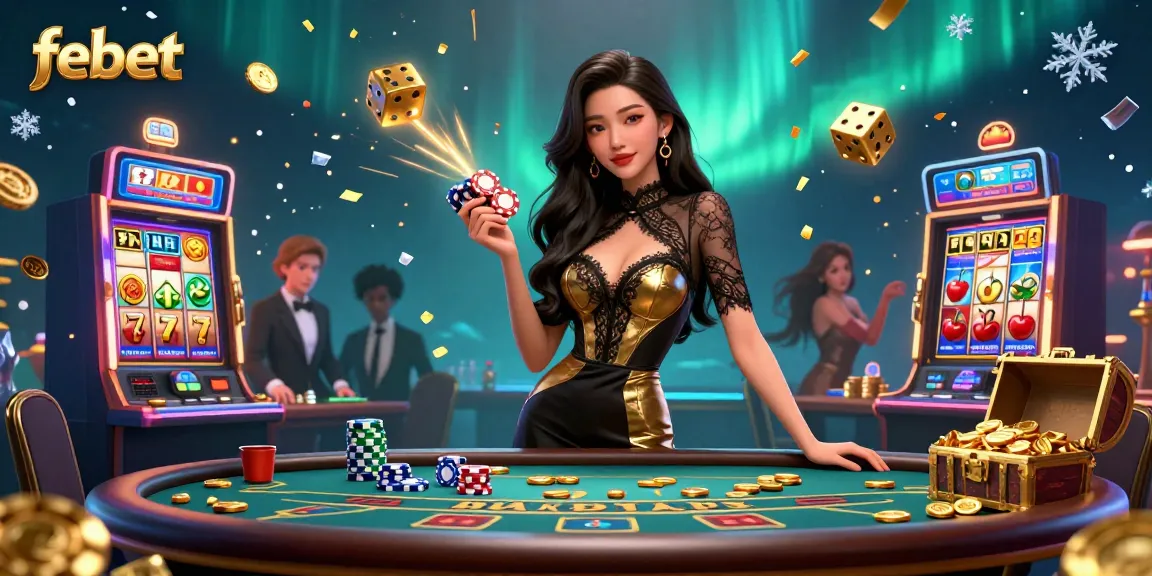 Experience high-stakes baccarat action with febet as the glamorous setting dazzles with golden casino chips and vibrant elements.