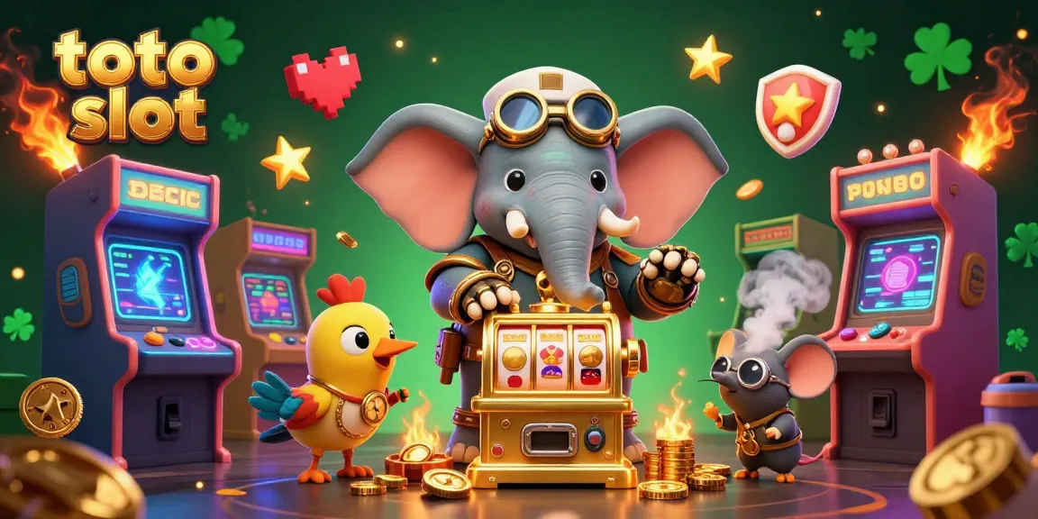 Spin the toto slot with a steampunk elephant engineer while enjoying vibrant arcade machines and golden treasures.