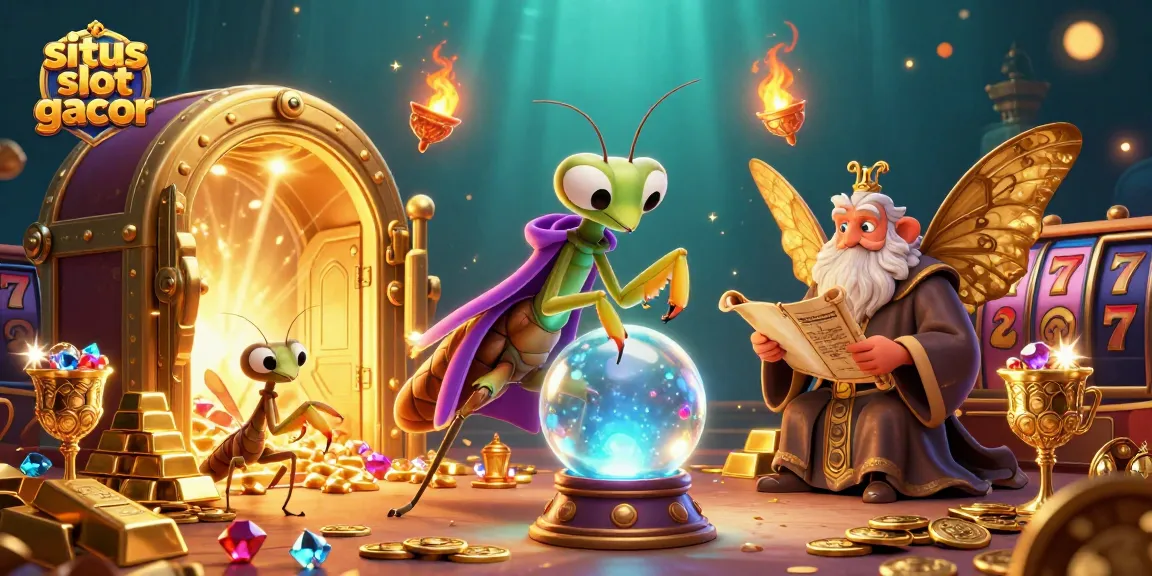 Engage with situs slot gacor through a mystical 3D casino scene showcasing a fortune teller and treasures.