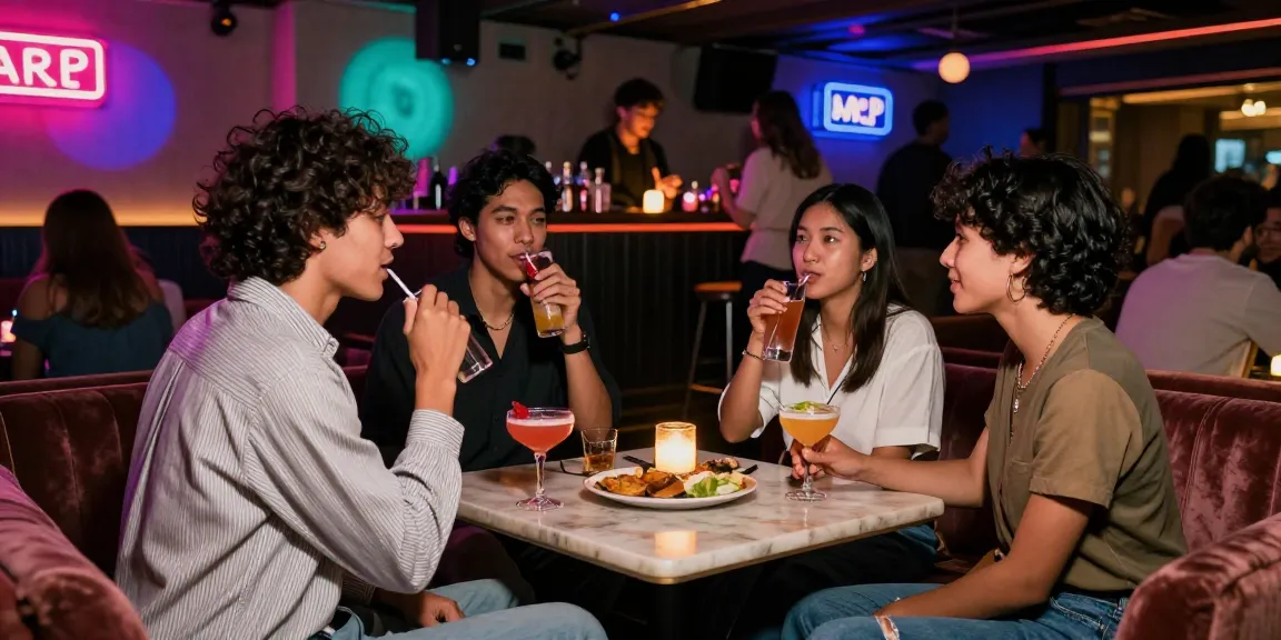 Gái gọi thư giãn trong không gian quán bar sôi động với bạn bè, ánh đèn neon sáng tối.
