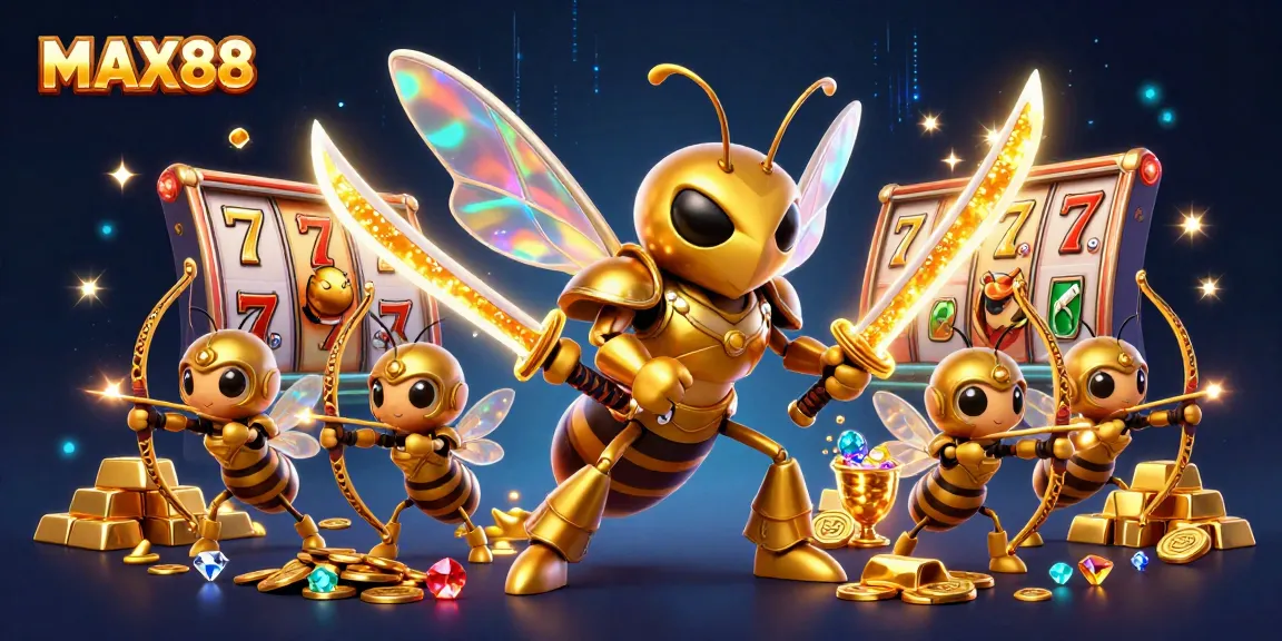 MAX88 players experience excitement with dynamic slot machine elements and golden treasure in a vibrant casino