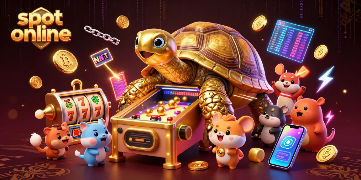 Slot online menampilkan kura-kura emas besar yang berfungsi sebagai mesin pinball, dikelilingi simbol buah dan koin cryptocurrency.