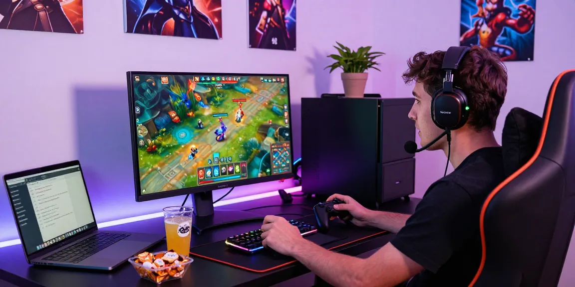 Gamer engrossed in sunwin card game with vibrant graphics and snacks around.
