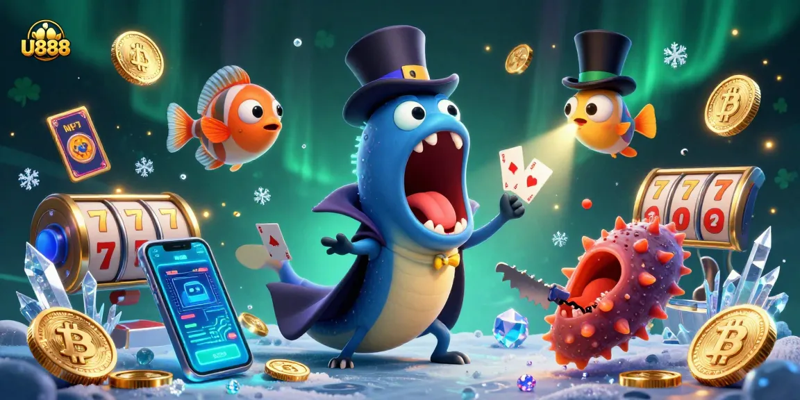 Engage in exciting U888 casino magic featuring vibrant sea creatures and crypto-themed elements.