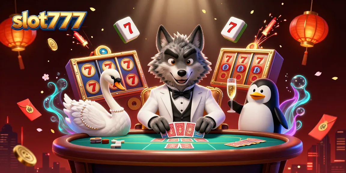 Experience thrilling slot777 games with a lively casino scene featuring a wolf, swan, and penguin.