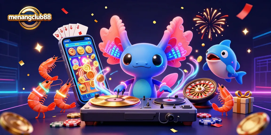 Experience excitement at menangclub88 with a vibrant 3D illustration of a neon axolotl DJ and dynamic casino elements.