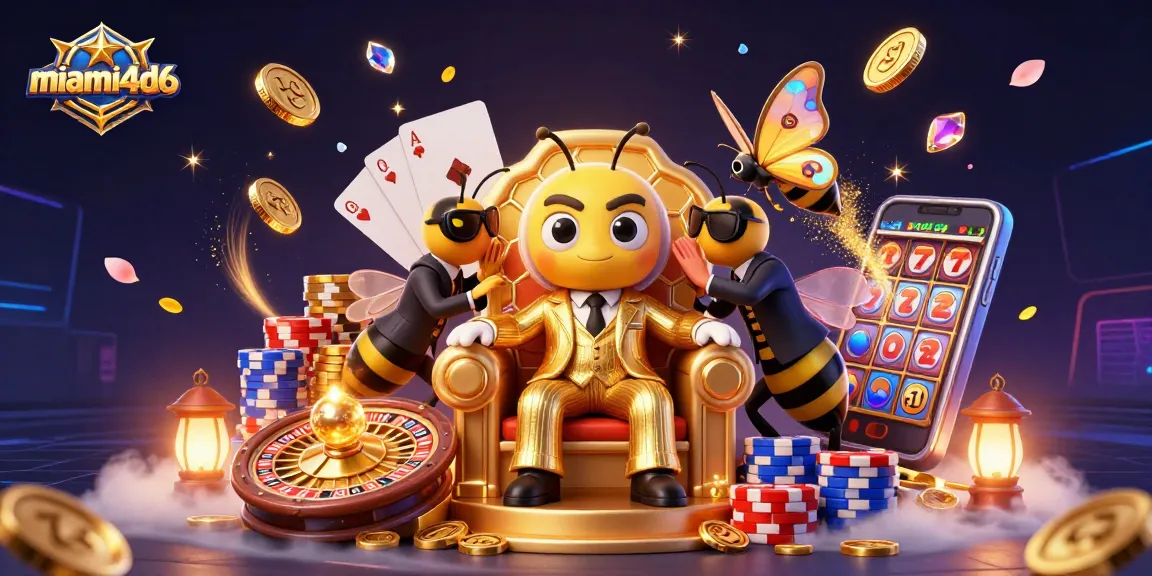 Engage with miami4d6's thrilling casino experience featuring a bumblebee mob boss amidst vibrant gambling elements.