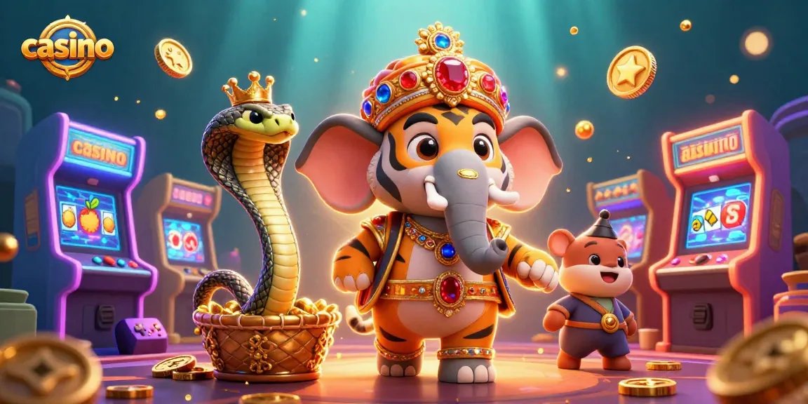 Experience the thrill of the casino with vibrant slot symbols and golden coins as the tiger rides an elephant.