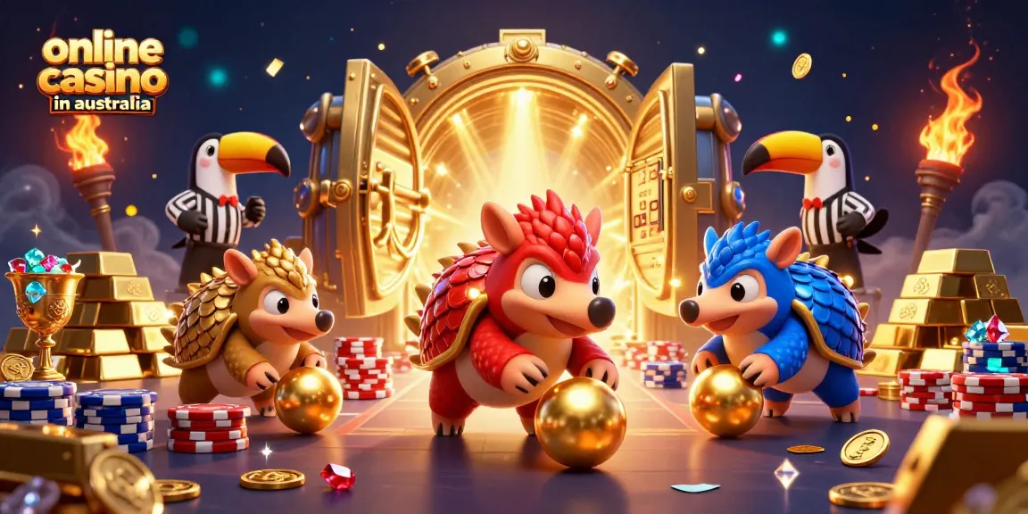 Two rival pangolins compete in a vibrant scene at an online casino in Australia, surrounded by dazzling treasures.