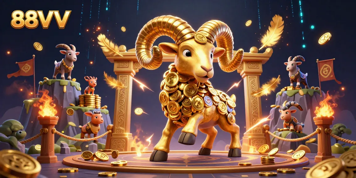 Join the action at 88VV with vibrant casino scenes featuring golden rams and dynamic game elements.
