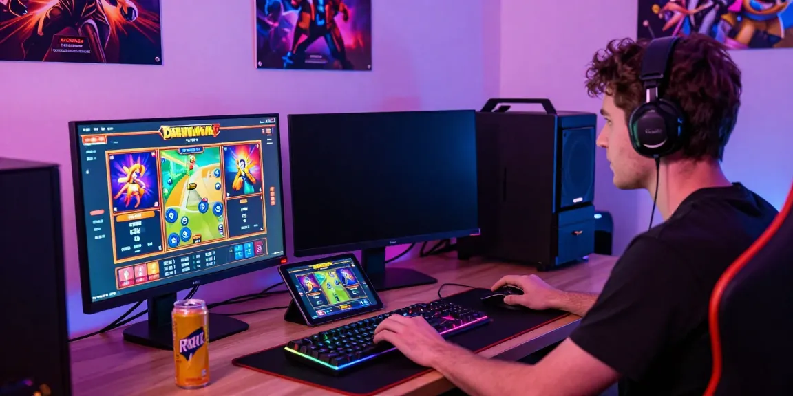 Engaging slot game experience featuring a player using ทดลองสล็อต with vibrant visuals and gaming gear.
