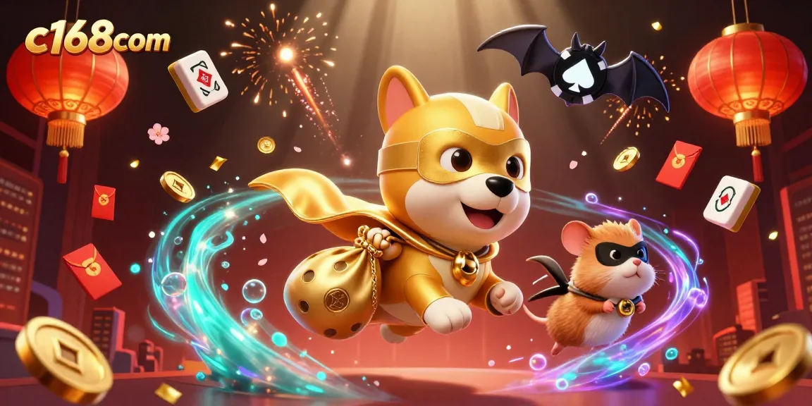 C168com delivers thrilling gameplay, showcasing a superhero dog amidst a vibrant casino-themed celebration.