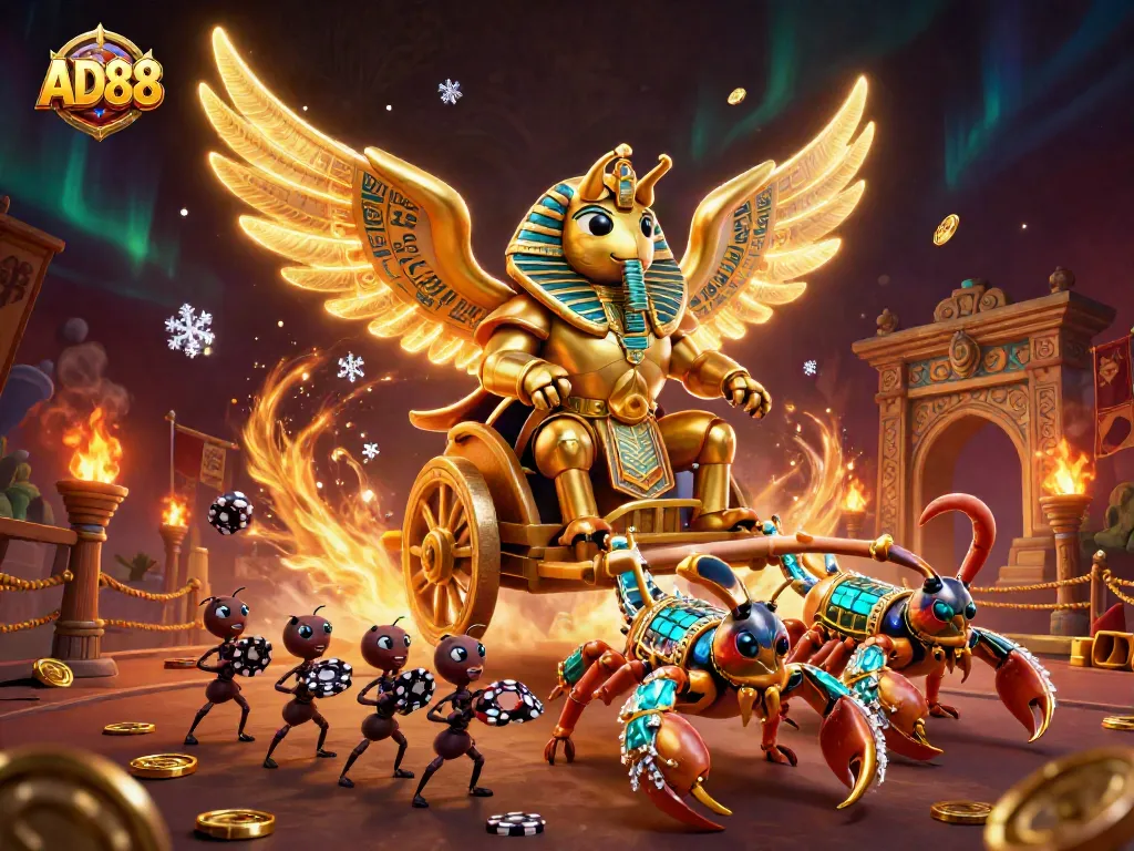 Experience thrilling gameplay with AD88 as vibrant elements surround colossal characters in a dynamic casino scene.