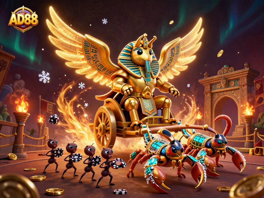 Experience thrilling gameplay with AD88 as vibrant elements surround colossal characters in a dynamic casino scene.