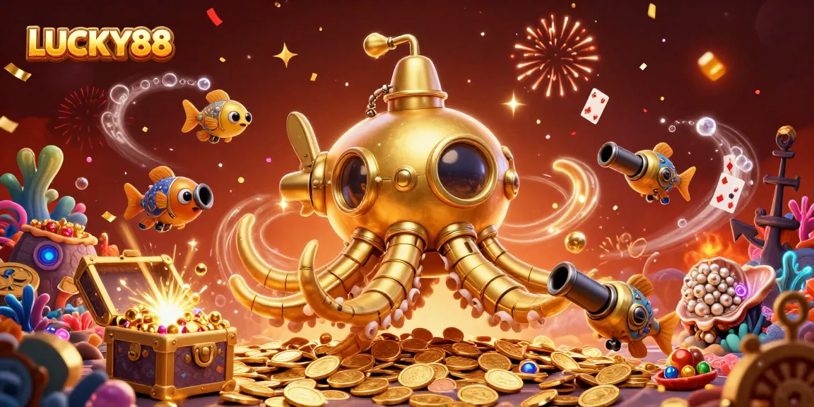 LUCKY88 promotes thrilling gameplay with a golden kraken submarine amidst treasure and confetti.