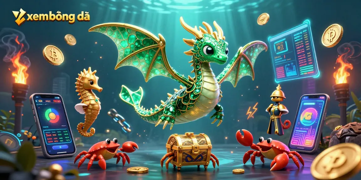 Xem bóng đá with vibrant 3D dragon guarding treasure amidst crypto elements for an engaging gambling theme.