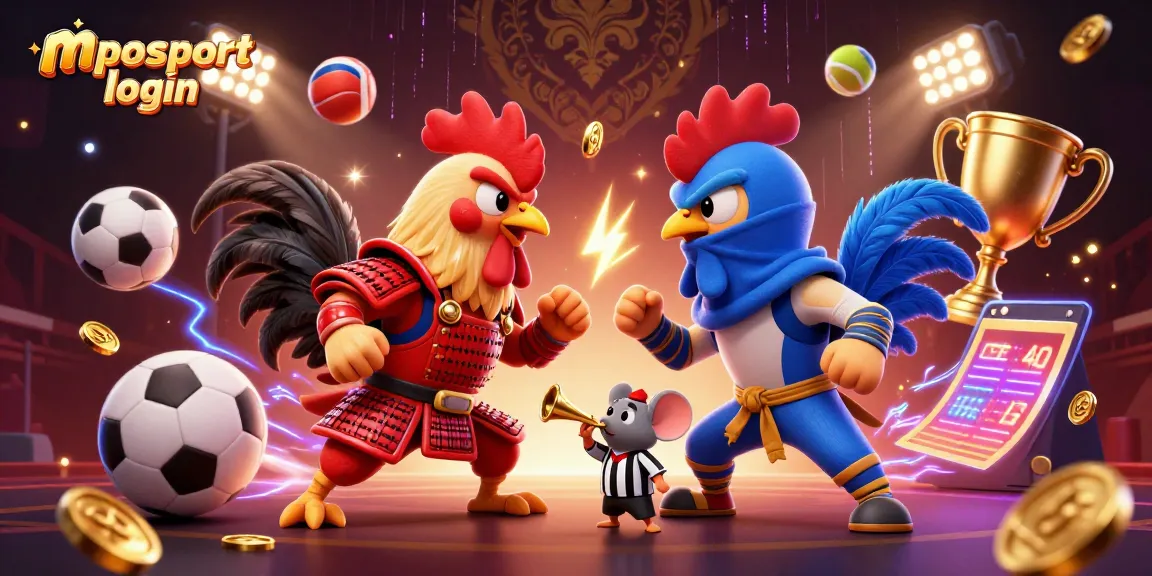 Engage with mposport login for stable online gaming as dynamic sports elements fly around cartoon roosters.