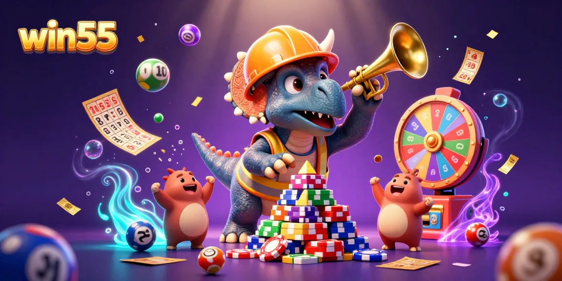 Experience the excitement of win55 with a triceratops building poker chip towers amidst colorful games and joyful celebrations.