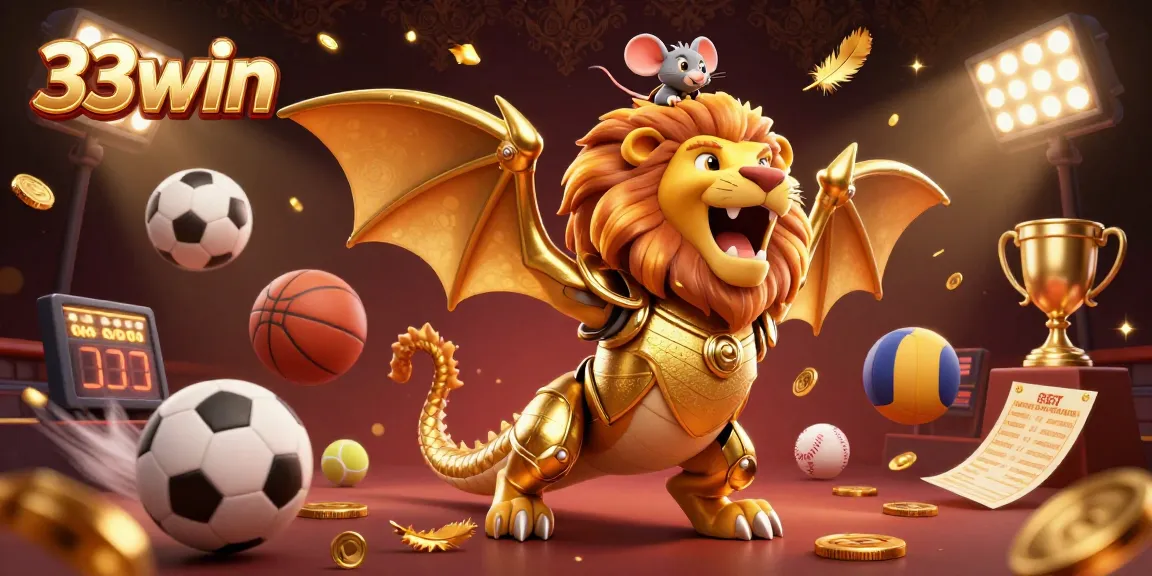 Engage in gaming excitement with 33win, showcasing a golden chimera and sports balls in action.