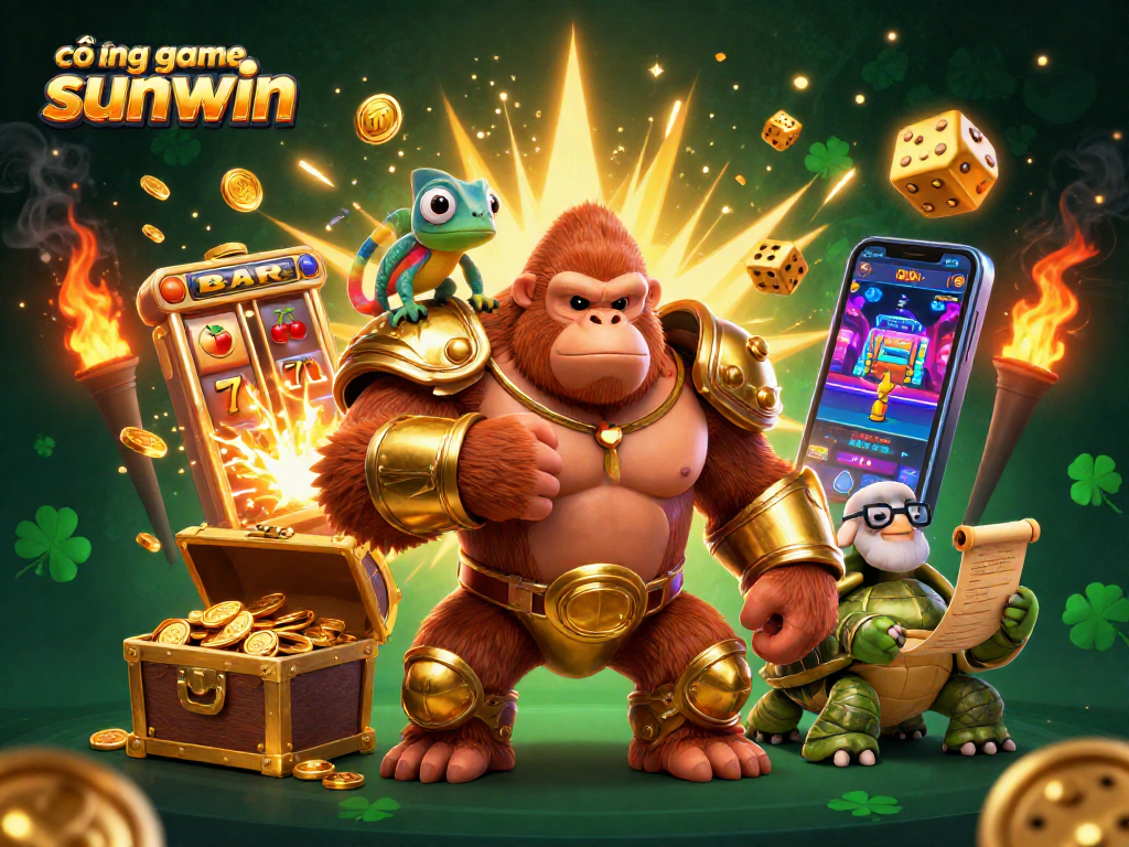 Experience the thrill at cổng game sunwin with a powerful gorilla and colorful game elements exploding in this vibrant illustration.