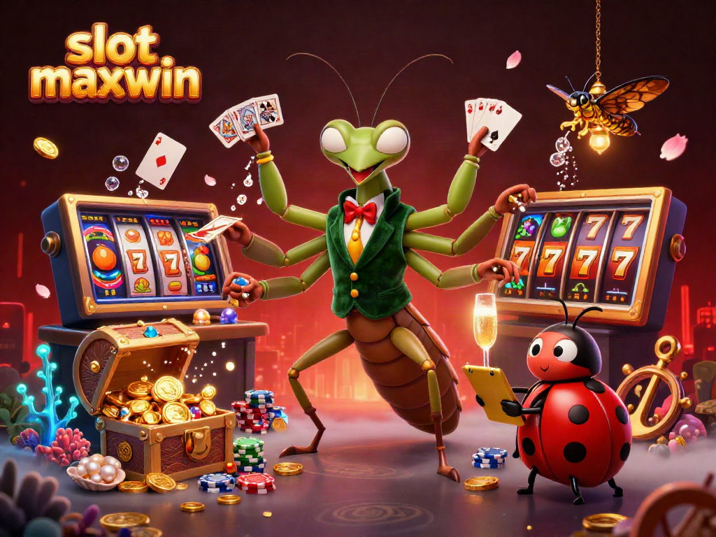 Slot maxwin mengejar jackpot dalam ilustrasi kasino ceria dan penuh warna.