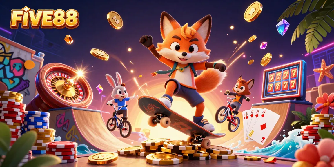 Experience the thrill of FIVE88 as a skateboarder fox and BMX rabbit perform tricks amidst casino treasures.